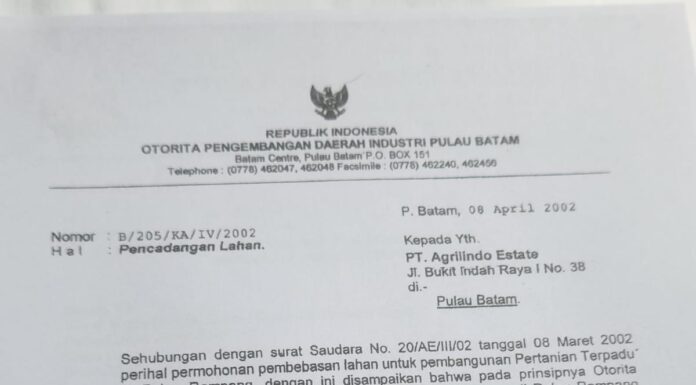 Peroleh Pencadangan Lahan Dari Badan Otorita Batam, Direktur Agrilindo Pastikan Investasi di Rempang Sesuai Aturan Pemerintah Foto : dok